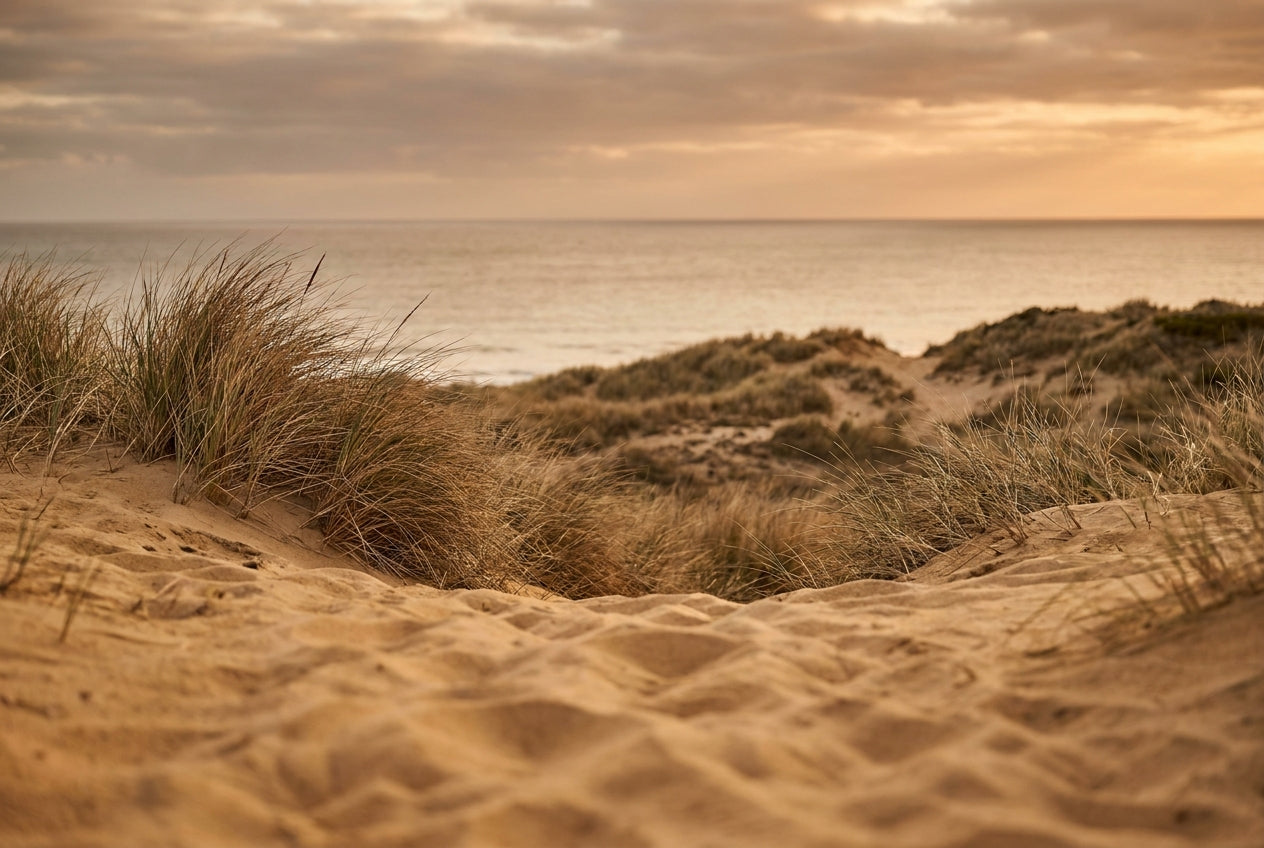 Soft golden dune sand and marram grass at an Australian beach, golden hour